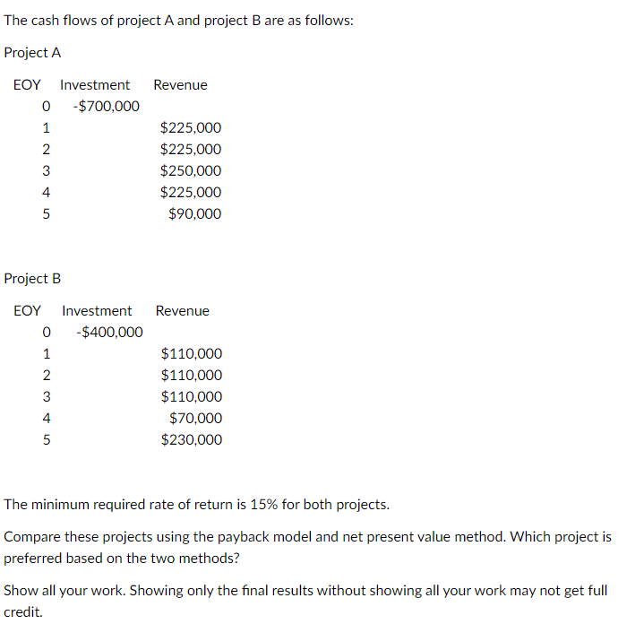 Solved The Cash Flows Of Project A And Project B Are As | Chegg.com