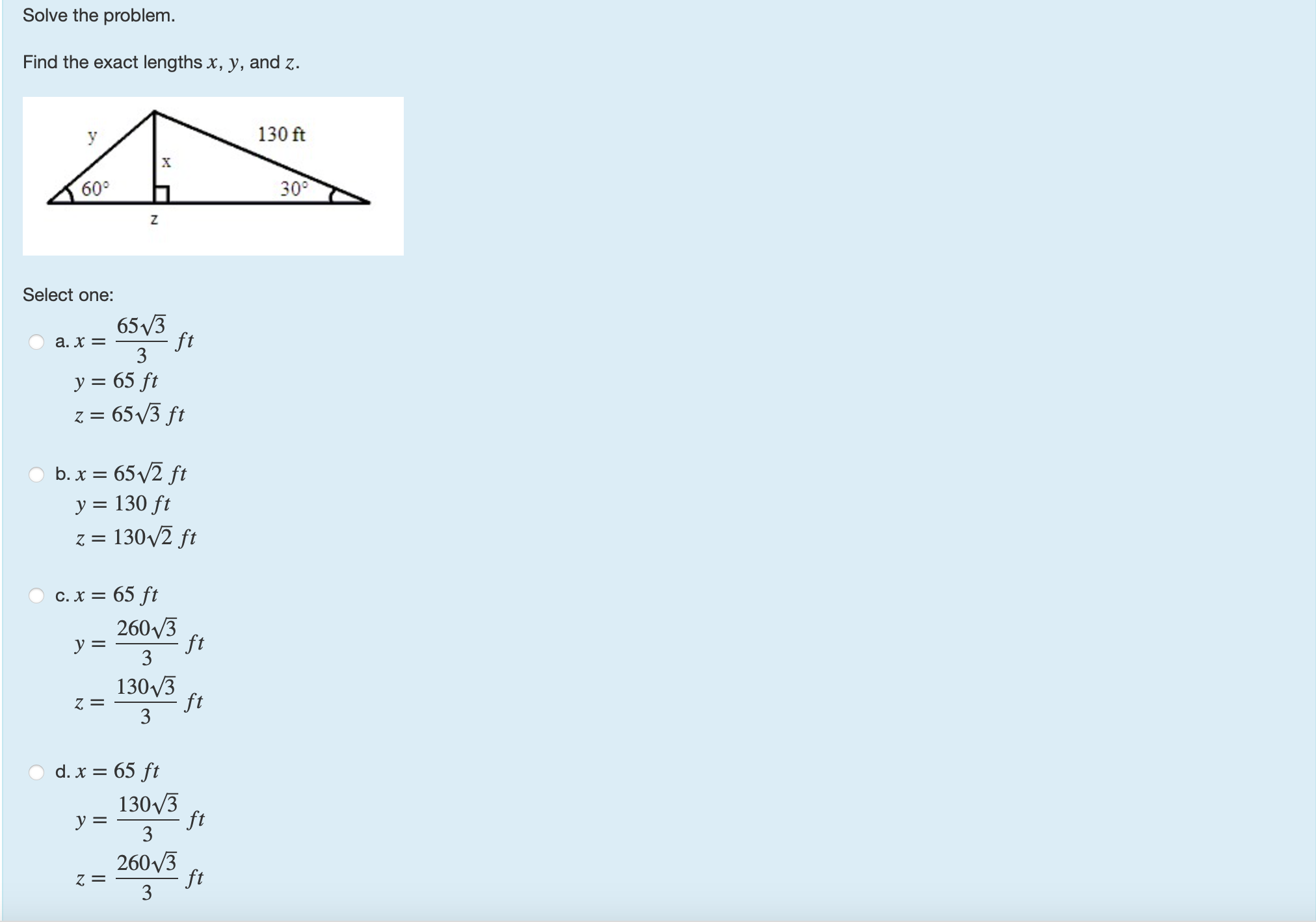 Solved Solve the problem. Find the exact lengths x,y, and z. | Chegg.com