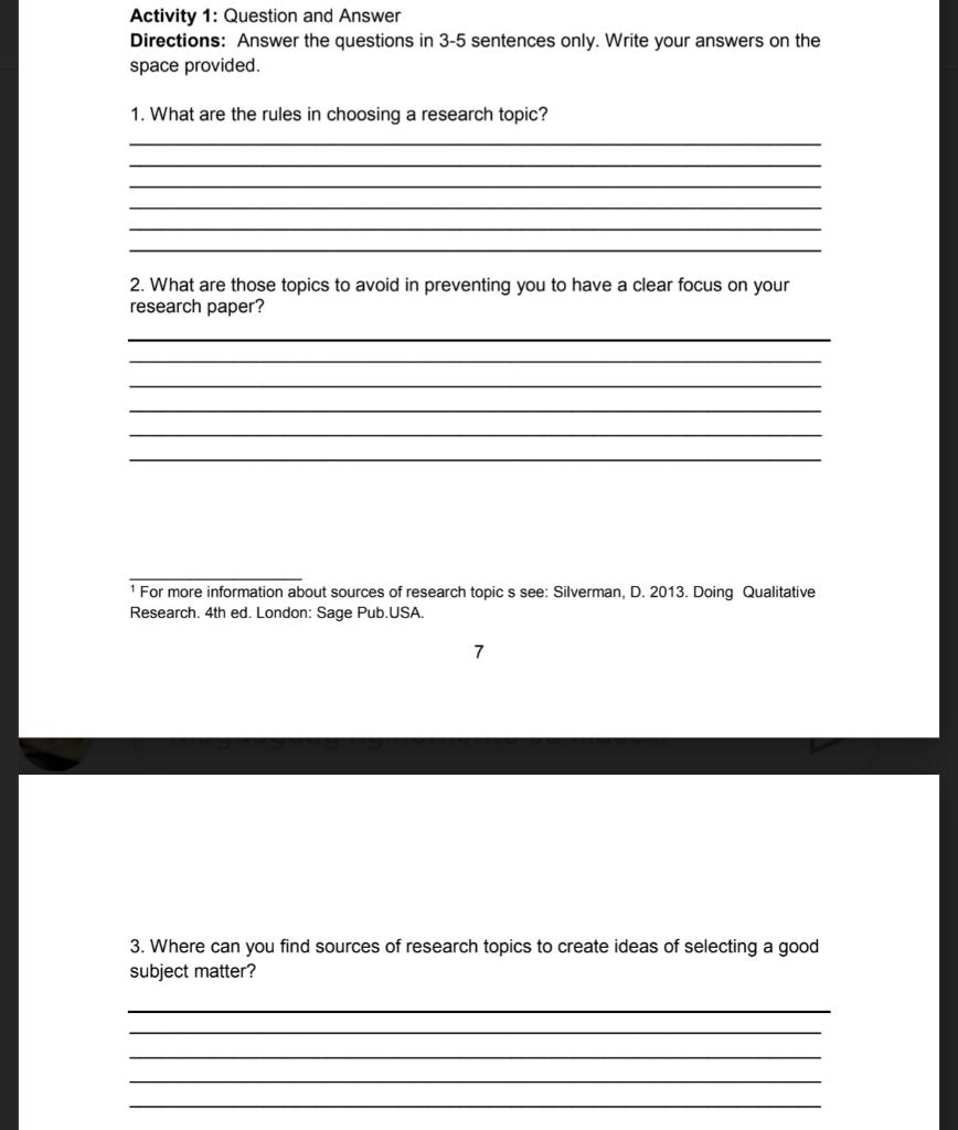 Solved Activity 1: Question and Answer Directions: Answer | Chegg.com