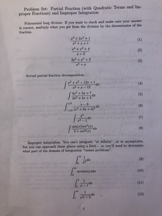 Solved Problem Set: Partial Fraction (with Quadratic Terms | Chegg.com
