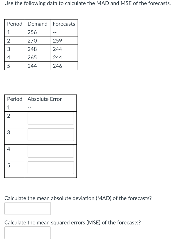 Solved Use the following data to calculate the MAD and MSE | Chegg.com