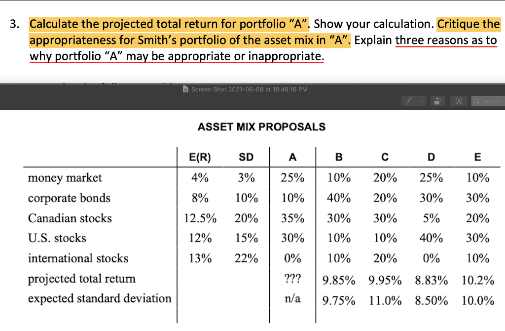 Solved 3. Calculate the projected total return for portfolio | Chegg.com