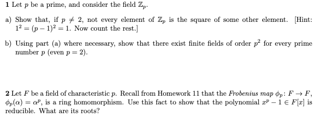 Solved 1 Let p be a prime, and consider the field Zp. a) | Chegg.com