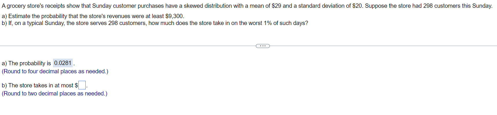 Solved A grocery store's receipts show that Sunday customer | Chegg.com