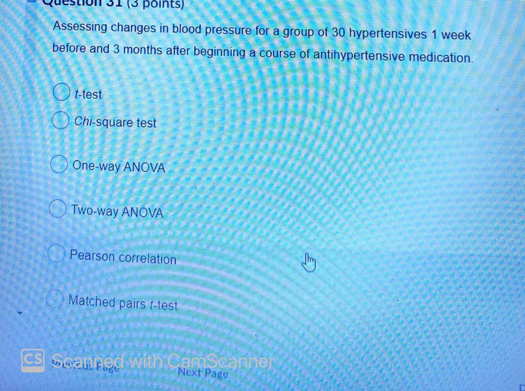 Solved (3 points) Assessing changes in blood pressure for a | Chegg.com