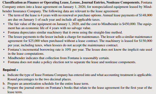 Solved Classification as Finance or Operating Lease, Lessee, | Chegg.com