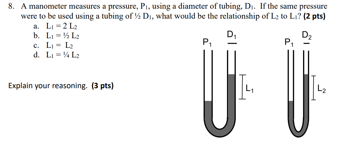 Solved 8. A manometer measures a pressure, P1, using a
