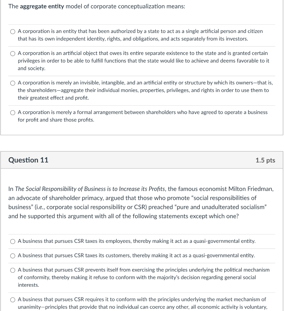 Solved The aggregate entity model of corporate