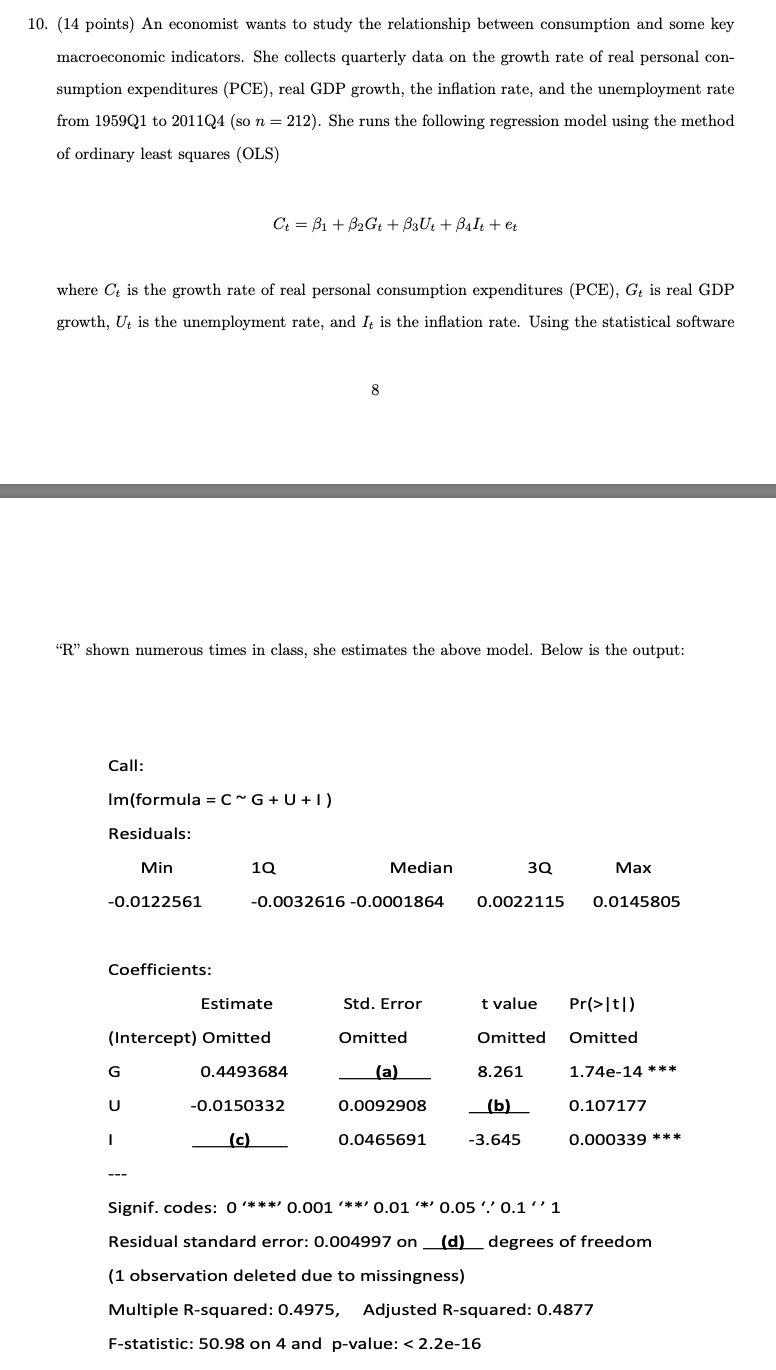 Solved 10. (14 points) An economist wants to study the | Chegg.com