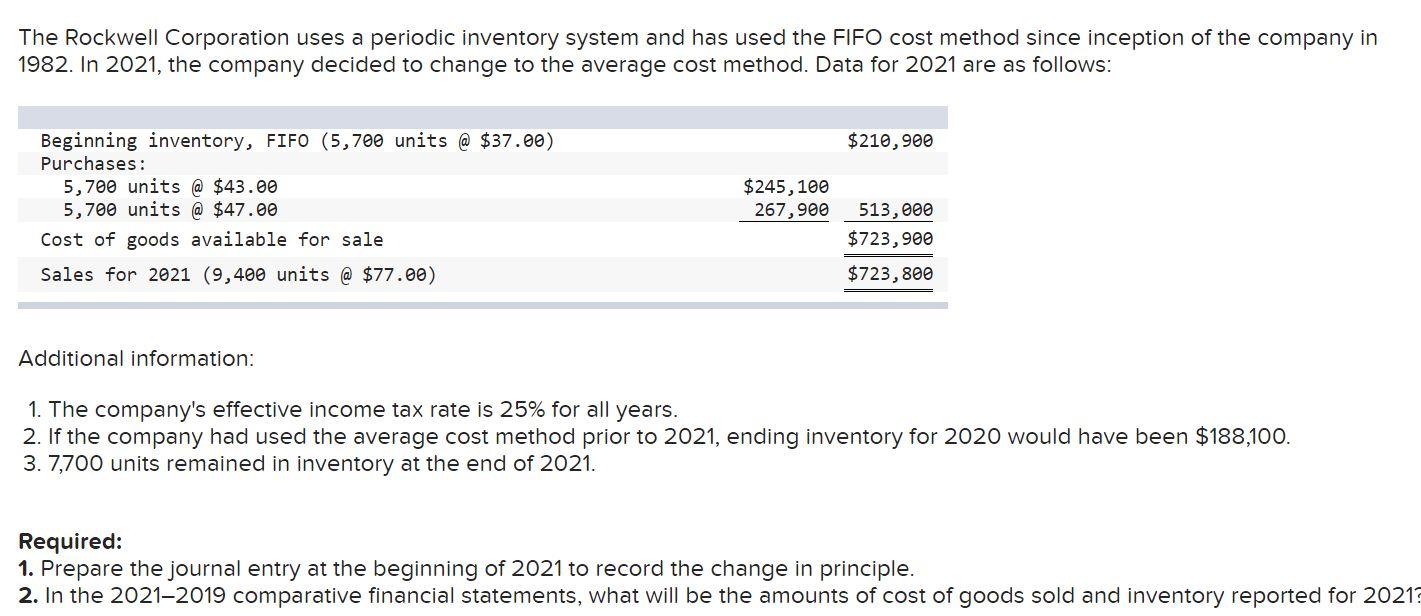 Solved The Rockwell Corporation uses a periodic inventory | Chegg.com