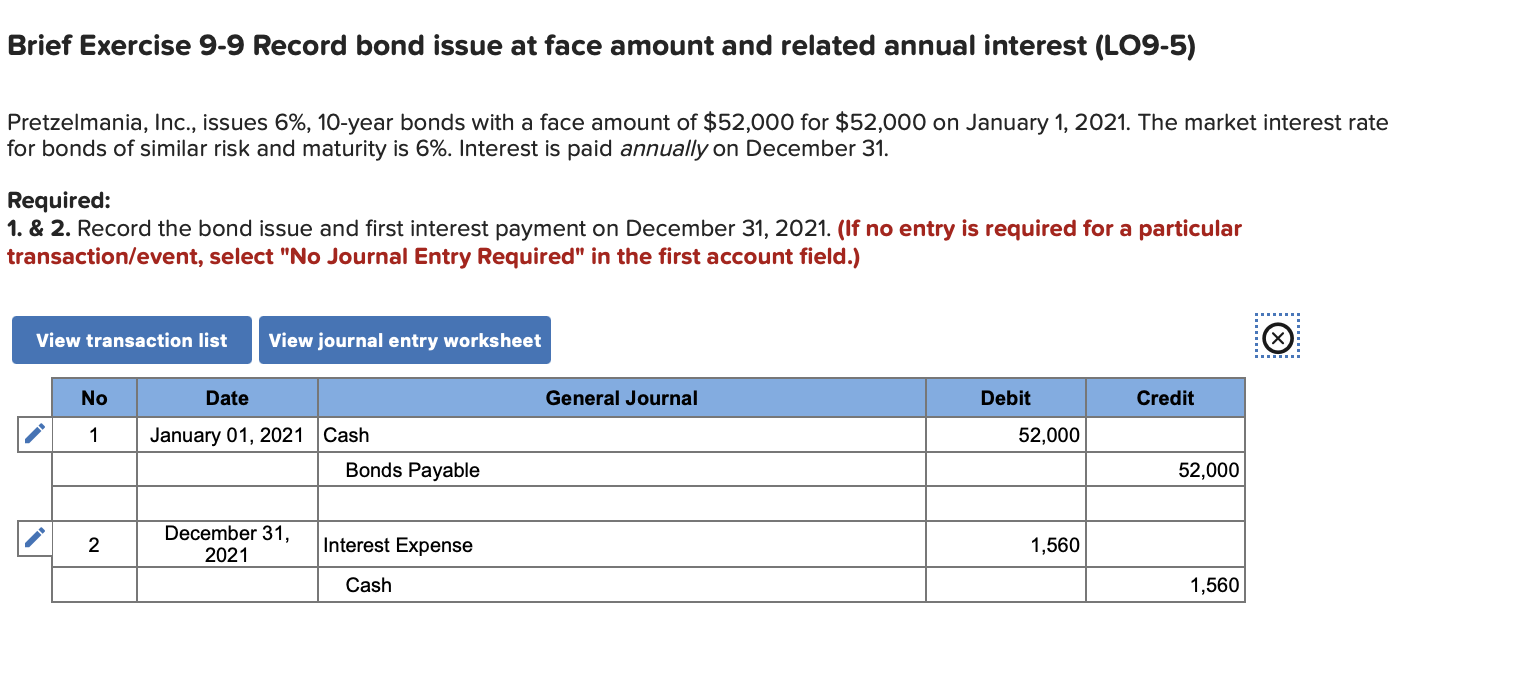 Solved Brief Exercise 99 Record bond issue at face amount