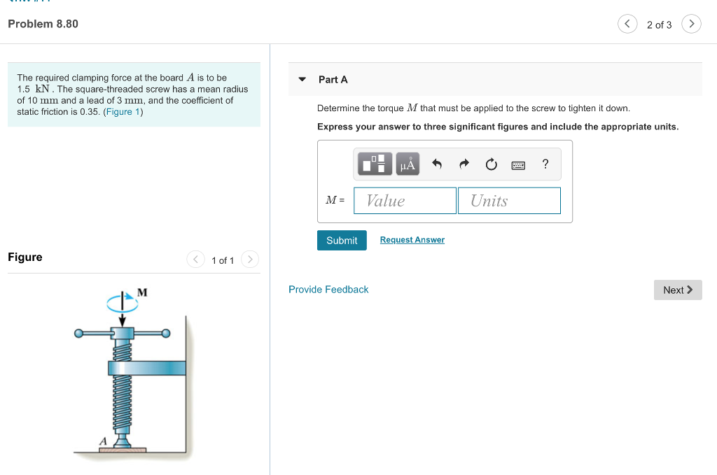 Solved Problem 8.80 2 of 3 > The required clamping force at | Chegg.com