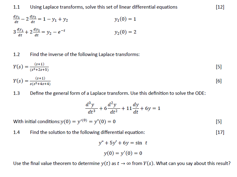 Solved 1.1 Using Laplace transforms, solve this set of | Chegg.com