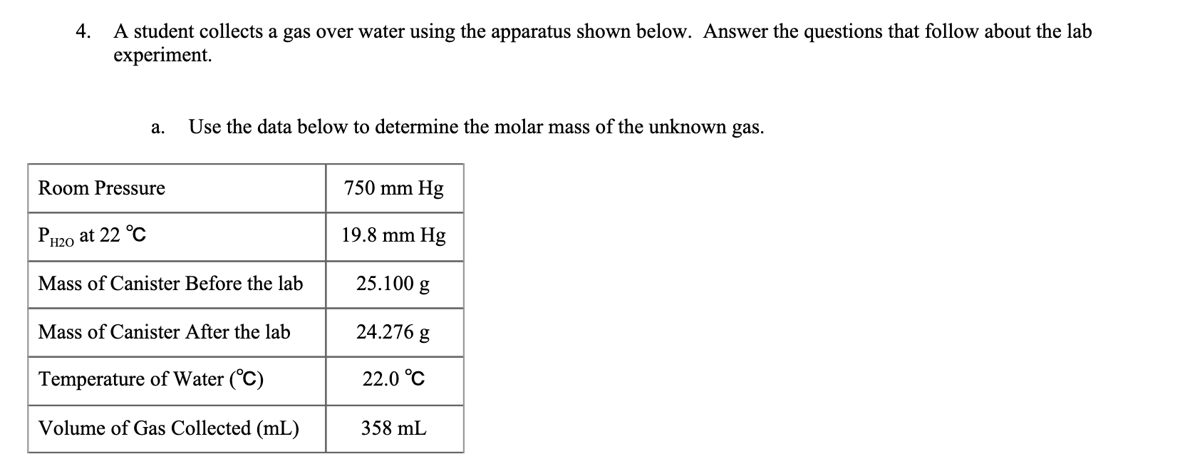 Solved 4. A student collects a gas over water using the | Chegg.com