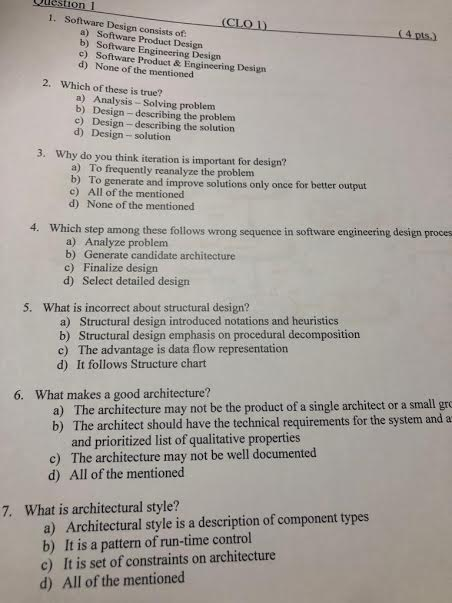 Solved Lestion 1 1. Software Design Consists Of (4 Pts.) A) | Chegg.com