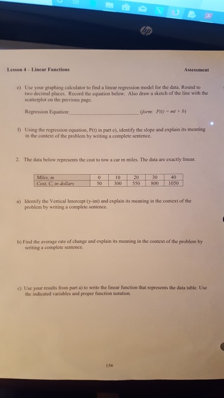 Solved Lesson 4 - Linear Functions Assessment e) Use your | Chegg.com