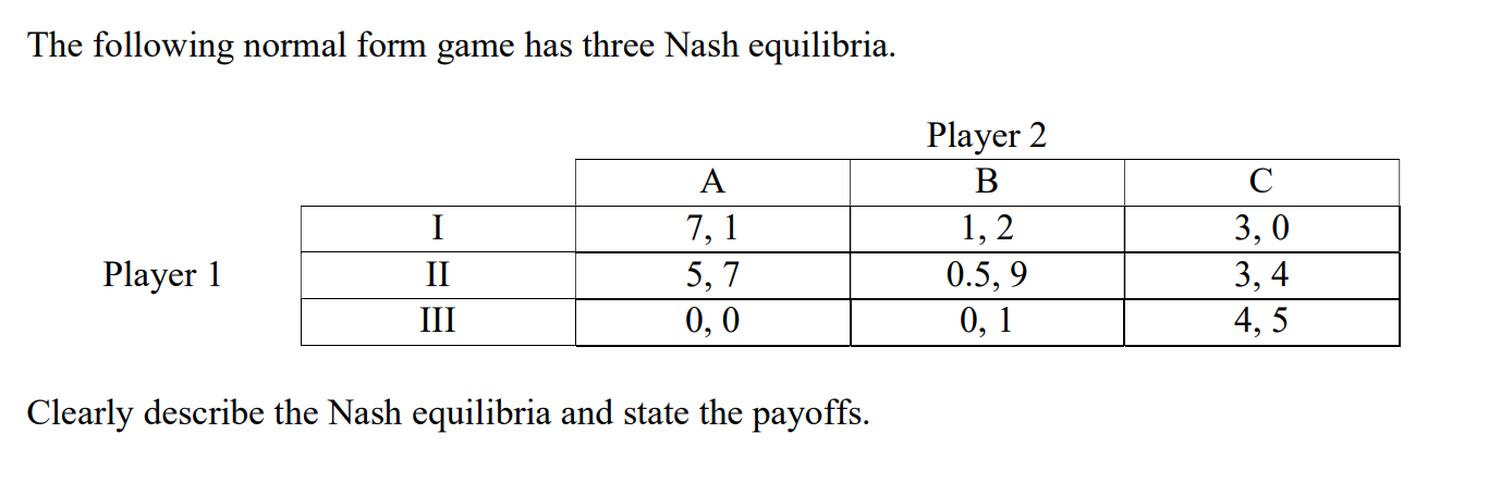 Solved The following normal form game has three Nash | Chegg.com