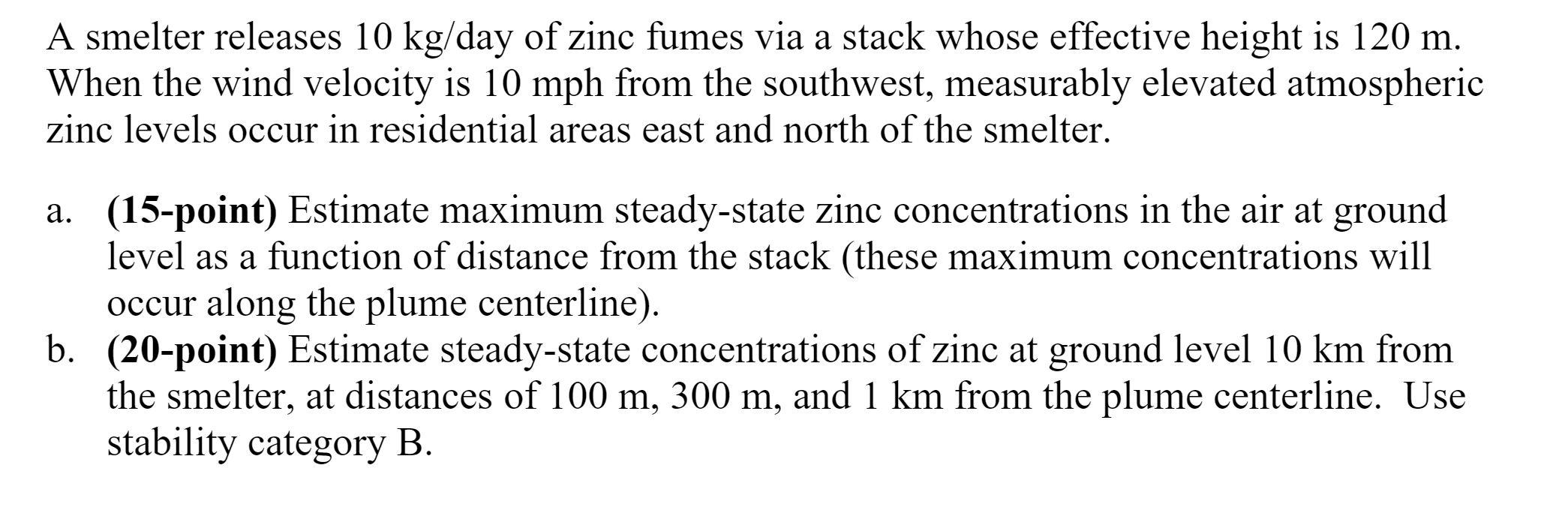 Solved a A smelter releases 10 kg/day of zinc fumes via a