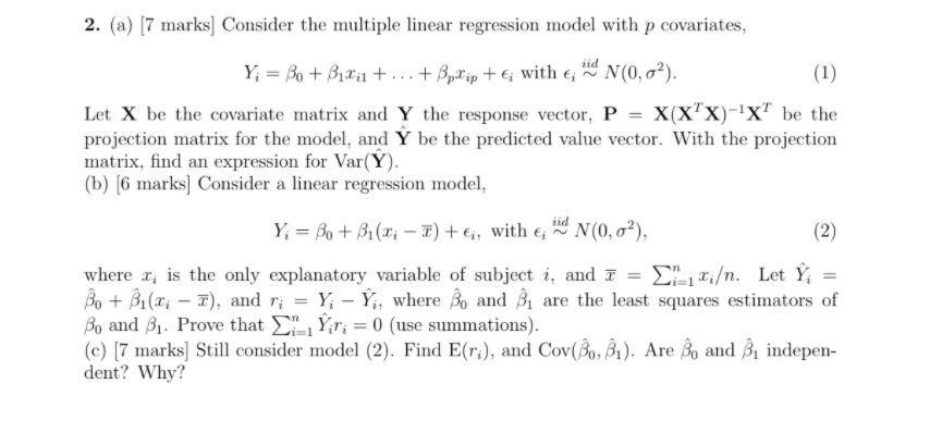 Solved 2 A 7 Marks Consider The Multiple Linear Regr Chegg Com