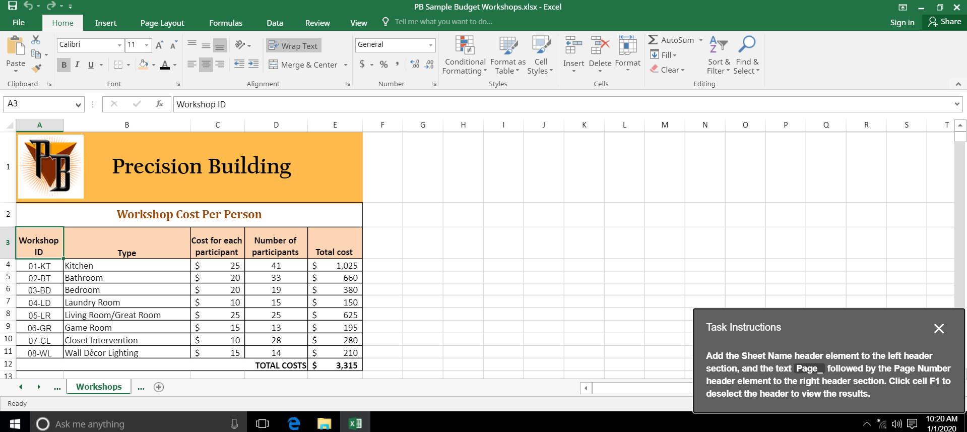 Pb Sample Budget Workshops Xlsx Excel Tell Me What Chegg Com
