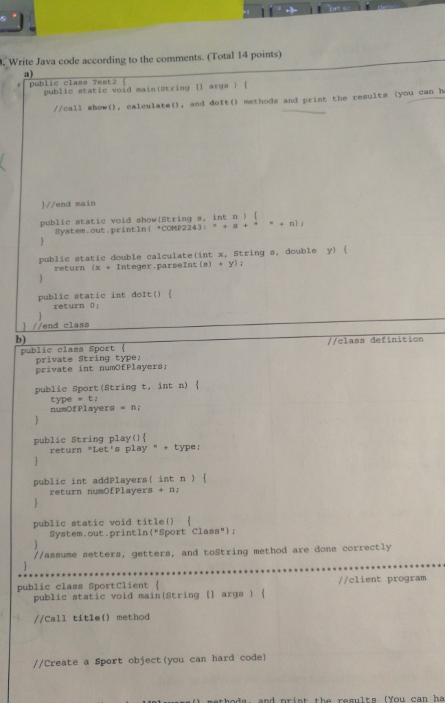 Solved . Write Java code according to the comments. (Total | Chegg.com