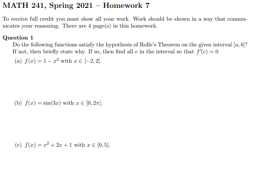 Solved MATH 241, Spring 2021 - Homework 7 To Receive Full | Chegg.com