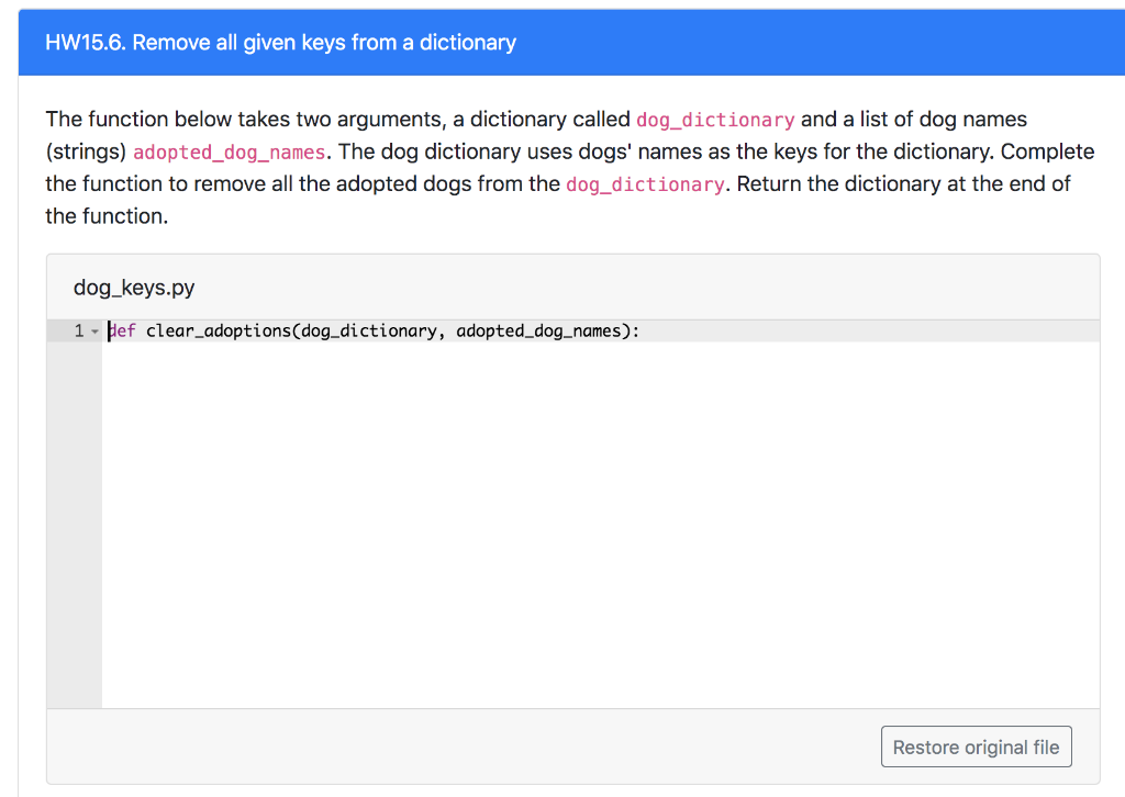 Solved HW15.6. Remove all given keys from a dictionary The | Chegg.com
