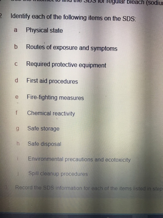 Solved tu e sds r regular bleach sodiun identify each of chegg