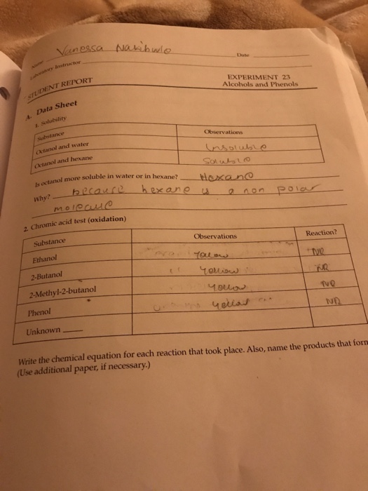 Solved Date DENT REPORT EXPERIMENT 23 Alcohols and Phenols