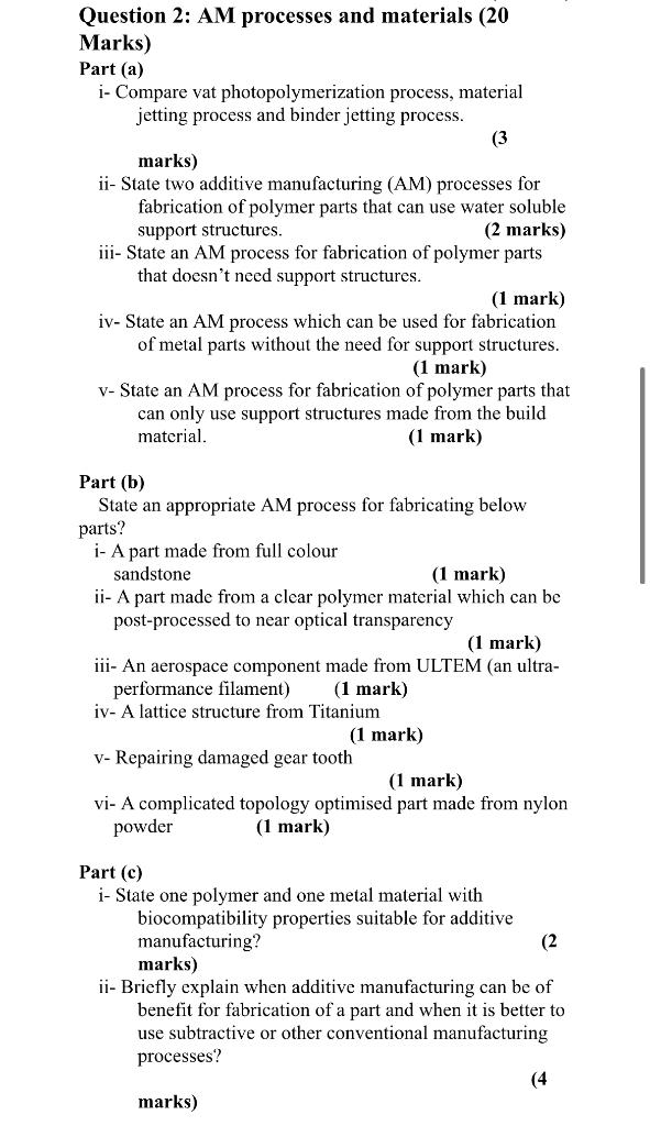 Solved Question 2: AM processes and materials | Chegg.com