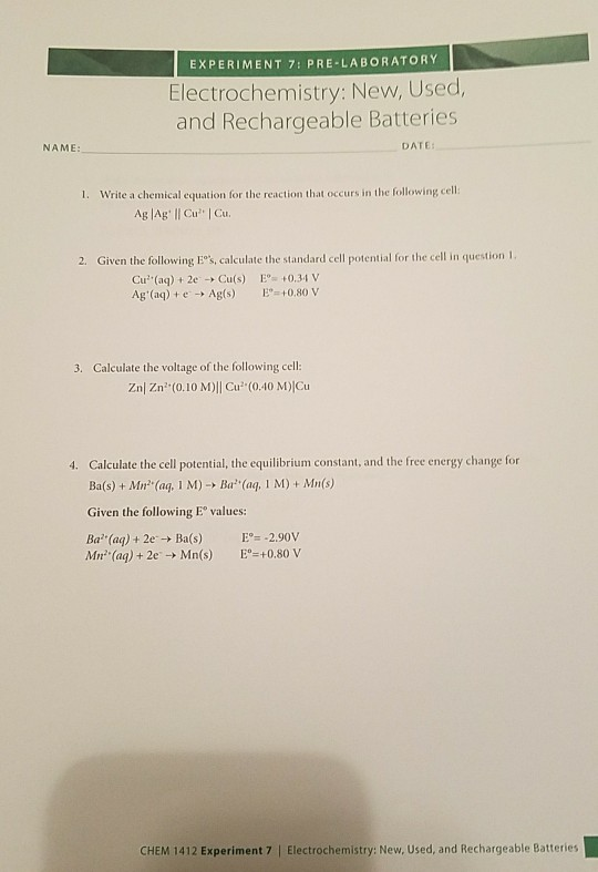 Solved EXPERIMENT 7 PRELABORATORY Electrochemistry New,