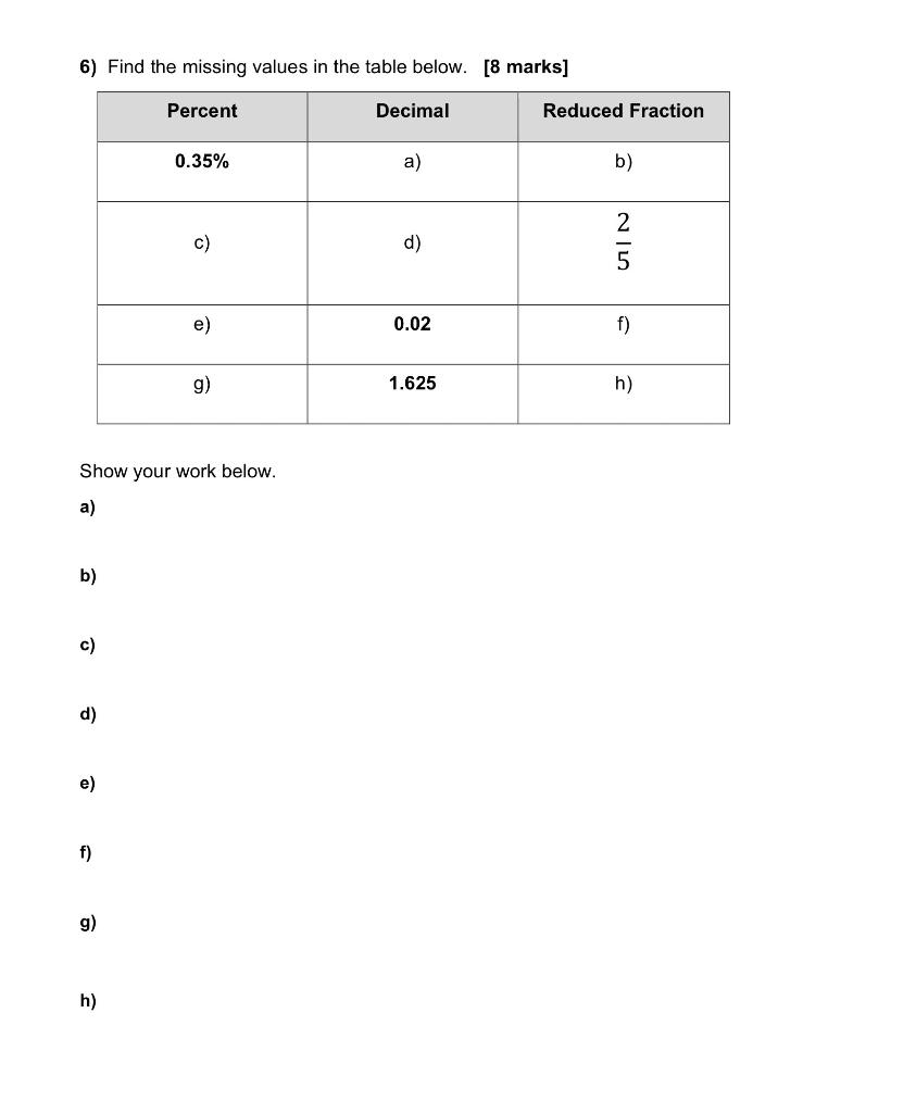Solved 6) Find the missing values in the table below. [8 | Chegg.com