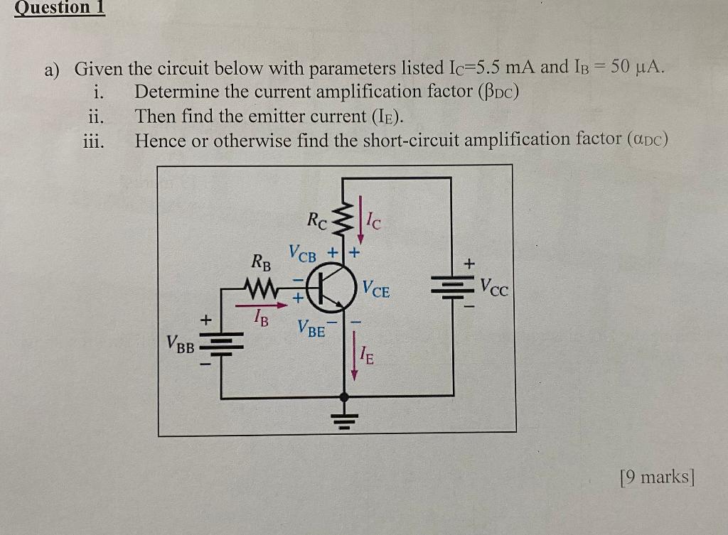 a) Given the circuit below with parameters listed