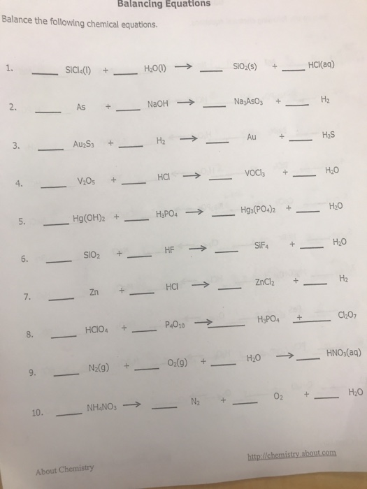 Balancing Equations Balance the following chemical | Chegg.com