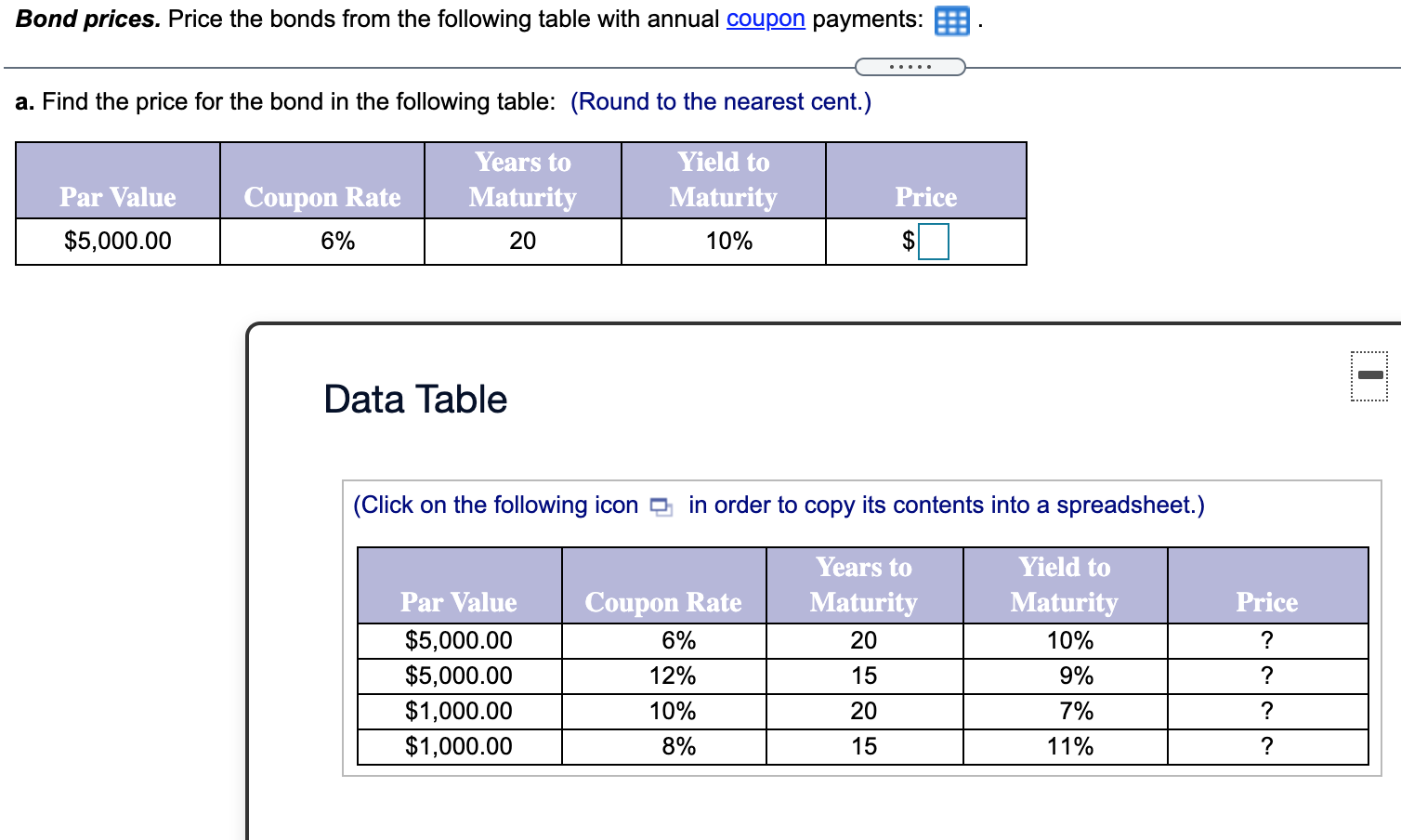 Solved Bond Prices. Price The Bonds From The Following Table | Chegg.com