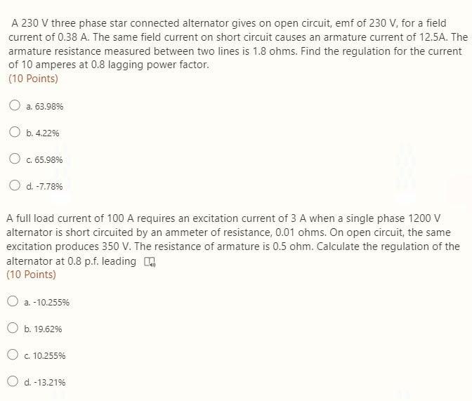 Solved A 230 V three phase star connected alternator gives | Chegg.com