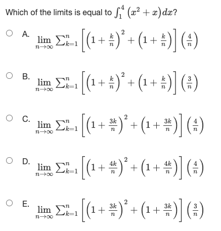 Solved Which Of The Integrals Is Equal To Lim Ek 1 2 2 Chegg Com