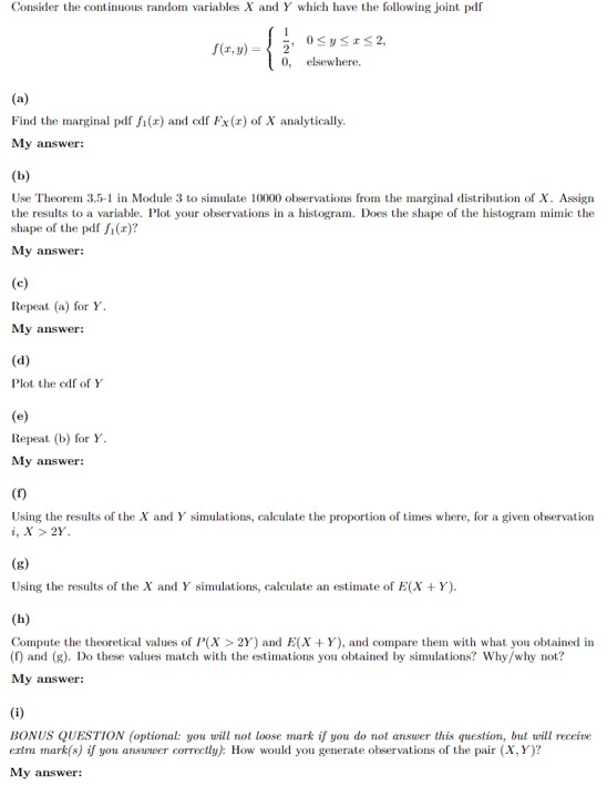 Solved Consider The Continuous Random Variables X And Y 7024