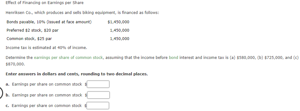 Solved Effect Of Financing On Earnings Per Share Henriksen | Chegg.com