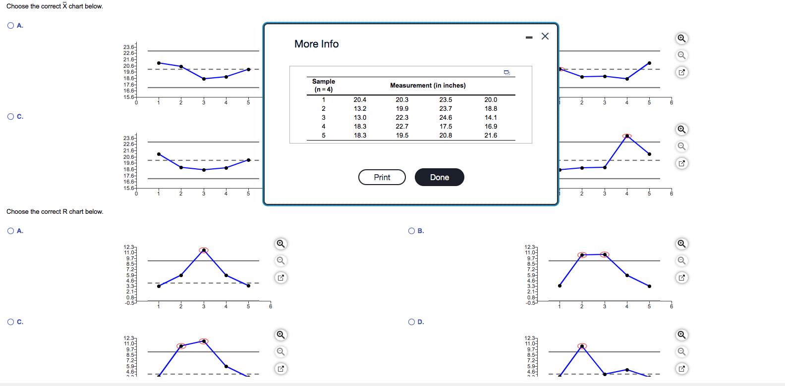 Choose the correct \( \bar{X} \) chart below.
A.
More Info
c.
Choose the correct \( \mathrm{R} \) chart below.