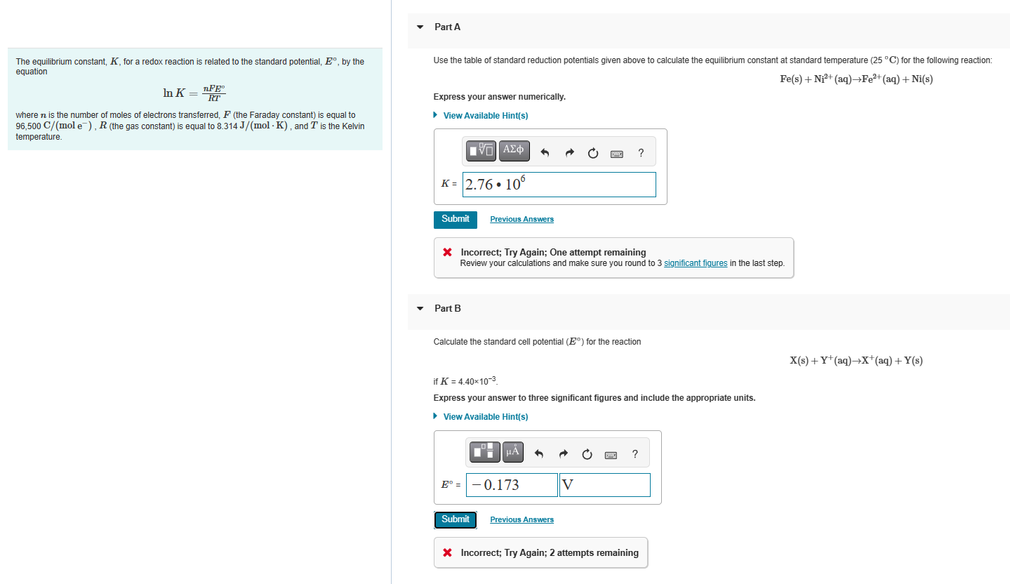 Solved The equilibrium constant, K, for a redox reaction is