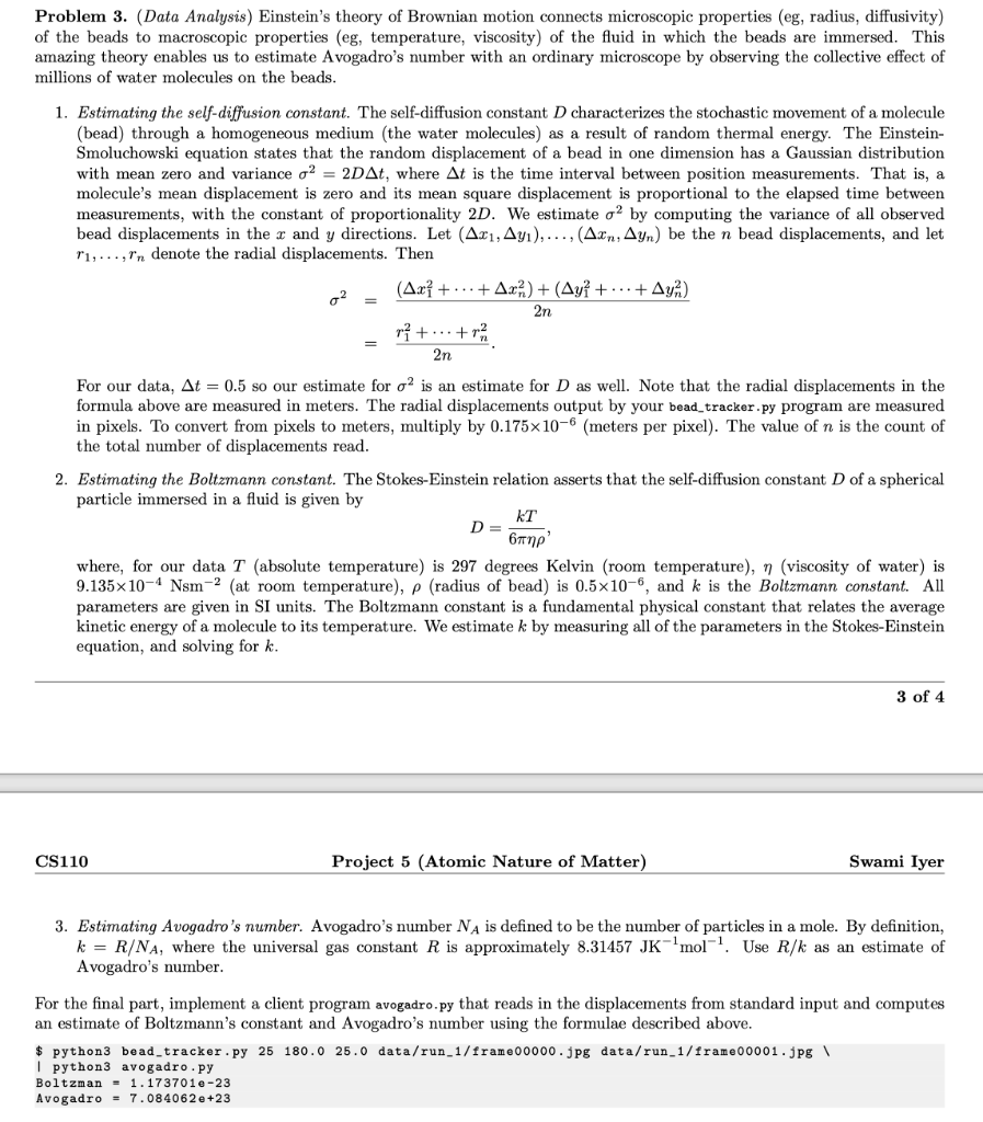 (Solved) : Problem 3 Data Analysis Einstein S Theory Brownian Motion ...