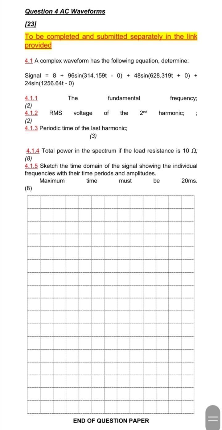 Solved Question 4 AC Waveforms [23] To be completed and | Chegg.com