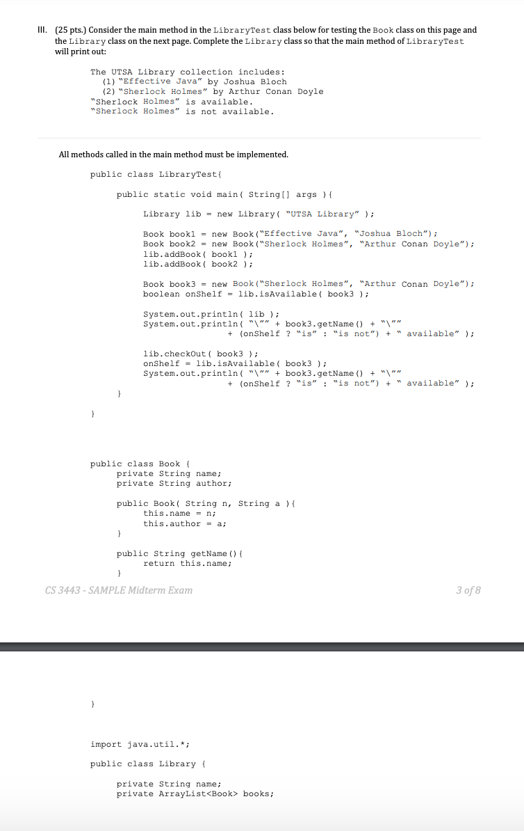 Solved III. (25 pts.) Consider the main method in the | Chegg.com