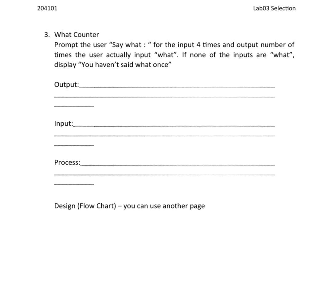 Solved 204101 Lab03 Selection 3. What Counter Prompt the | Chegg.com