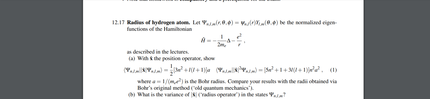 Solved 1 R 12 17 Radius Of Hydrogen Atom Let Yn 1 M R 0 Chegg Com