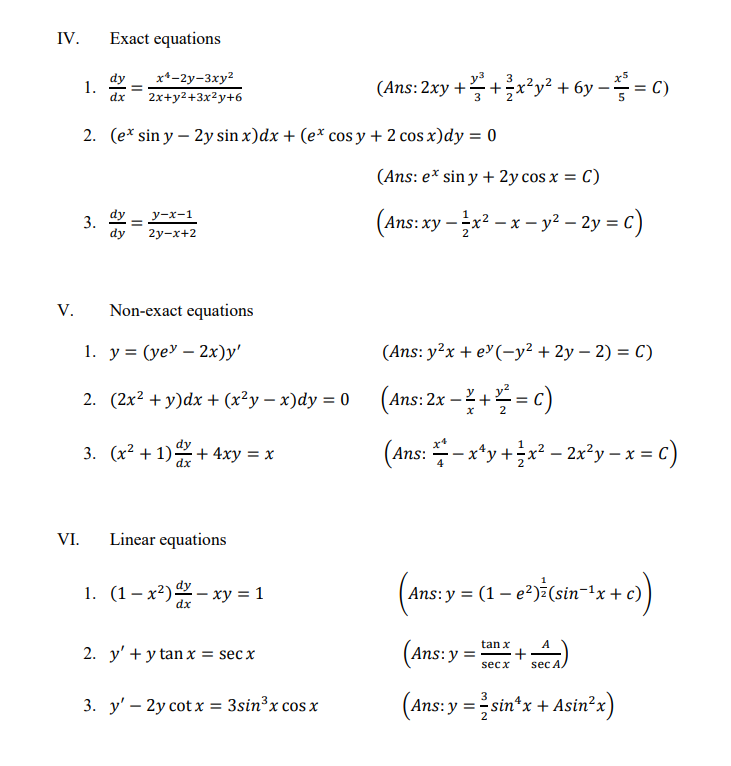 Solved IV. Exact equations y3 3 dy dx 1. x-2y-3xy2 | Chegg.com