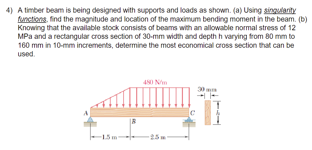 4) A timber beam is being designed with supports and loads as shown. (a) Using singularity functions, find the magnitude and