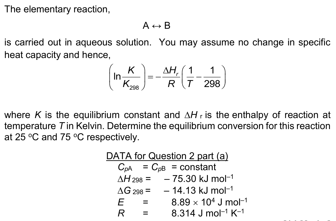 Solved The elementary reaction, A HB is carried out in | Chegg.com