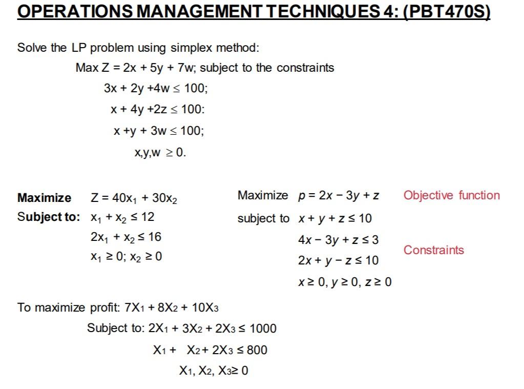 Solved OPERATIONS MANAGEMENT TECHNIQUES 4: (PBT470S) Solve